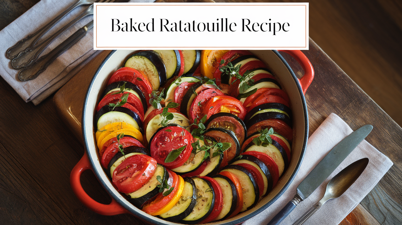 Colorful baked ratatouille in a white ceramic dish, featuring neatly layered slices of zucchini, eggplant, tomatoes, and bell peppers topped with herbs.