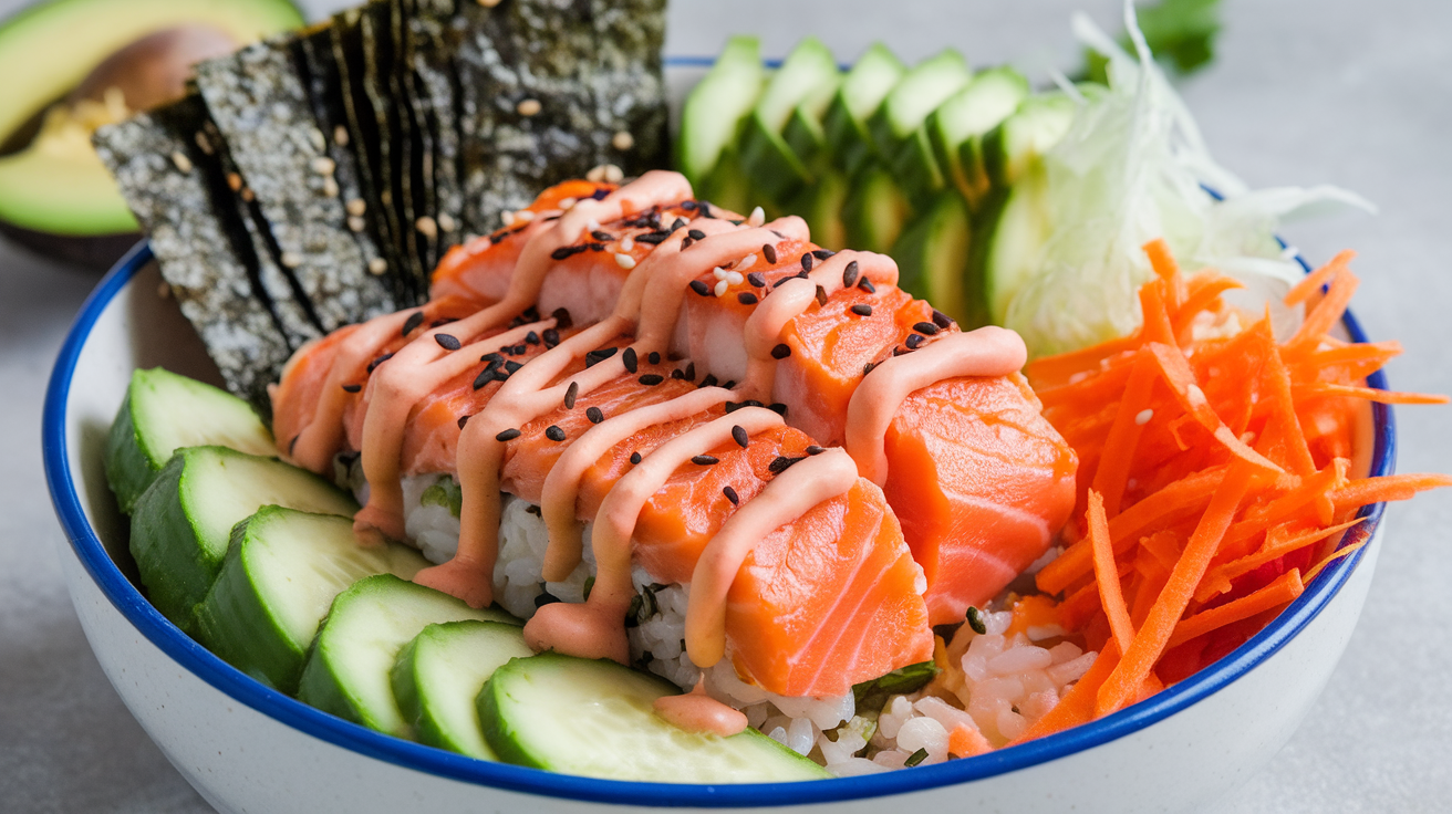 Baked salmon sushi bowl topped with avocado, cucumber, and sesame seeds in a white ceramic bowl.