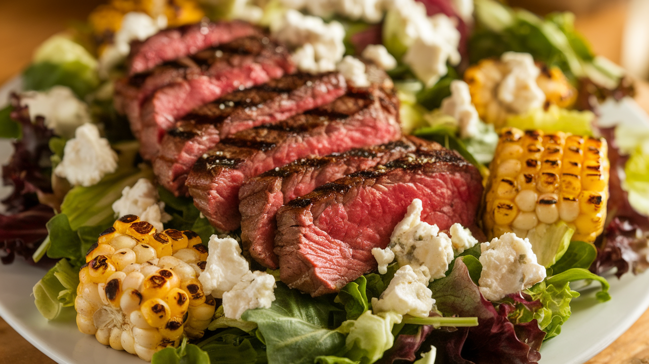 Balsamic steak salad topped with crumbled Gorgonzola cheese and grilled corn kernels.