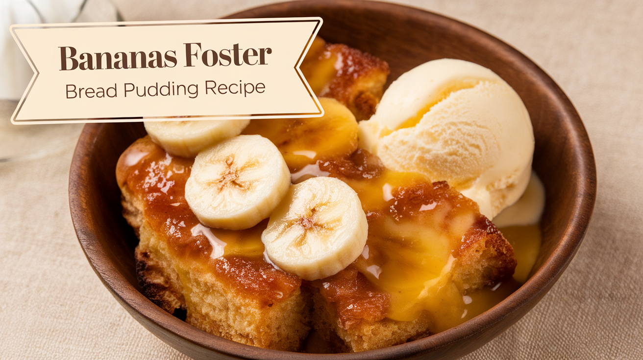 A mouthwatering dish of Bananas Foster Bread Pudding, drizzled with caramelized banana sauce and served warm, with a sprinkle of powdered sugar on top.
