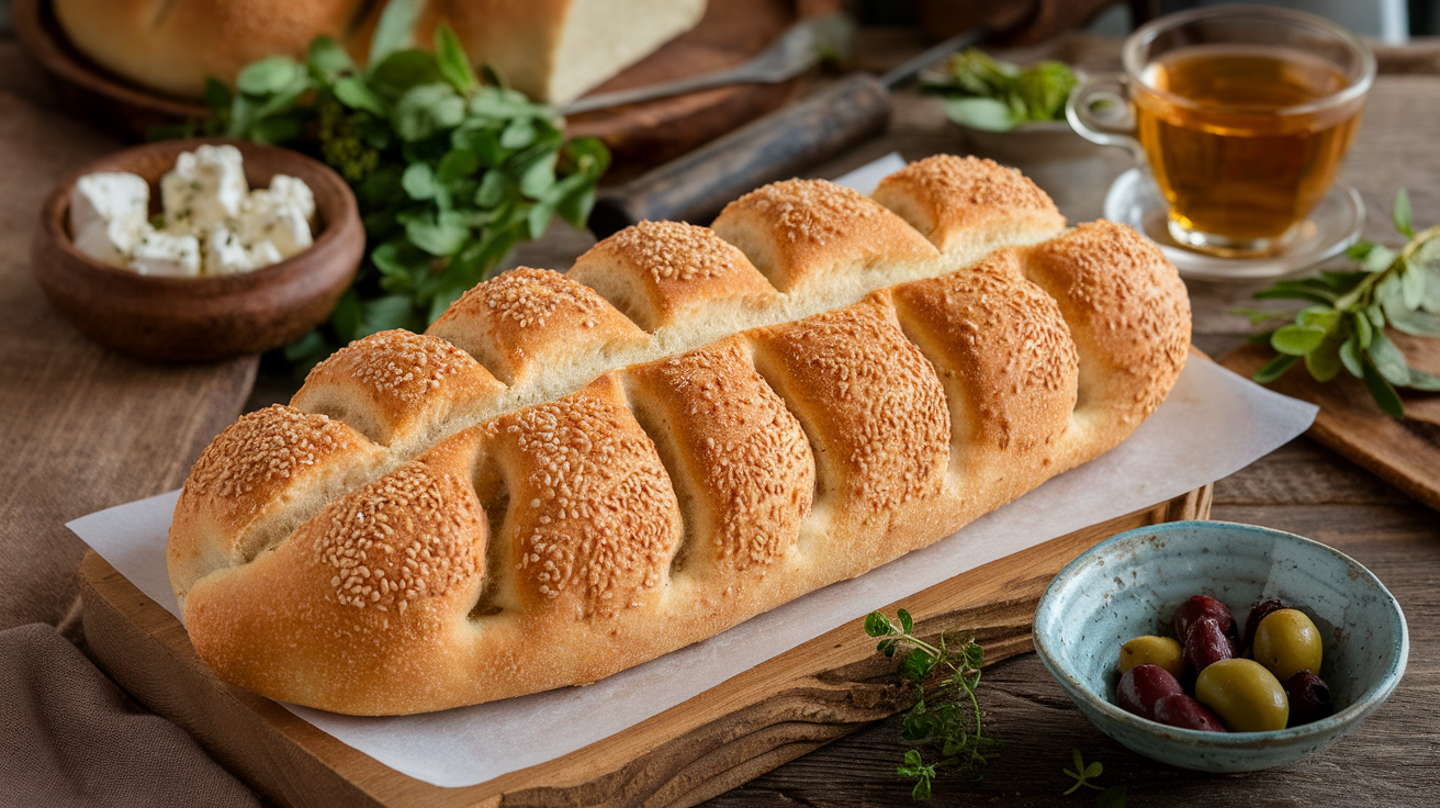 Freshly baked Barbari bread with golden crust and sesame seeds, resting on a wooden board