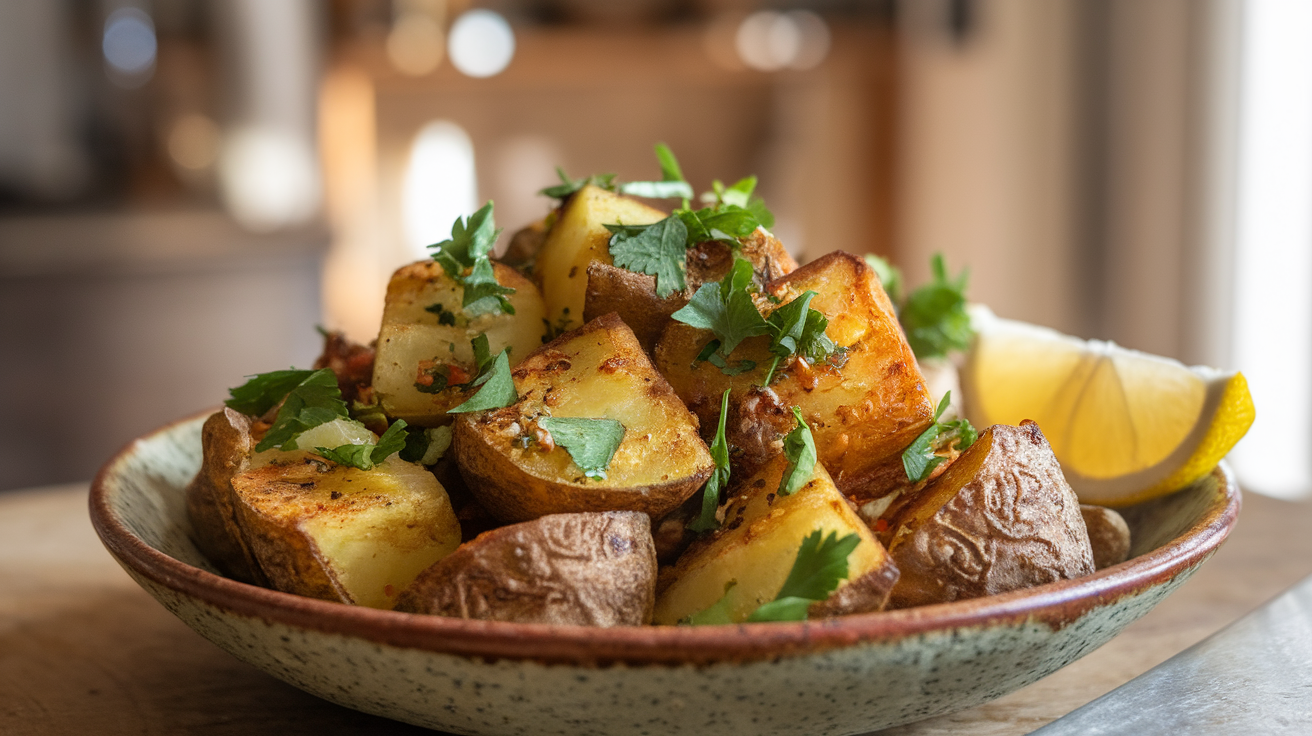 A bowl of golden-brown Batata Harra, Lebanese spiced potatoes garnished with fresh parsley and red chili flakes.