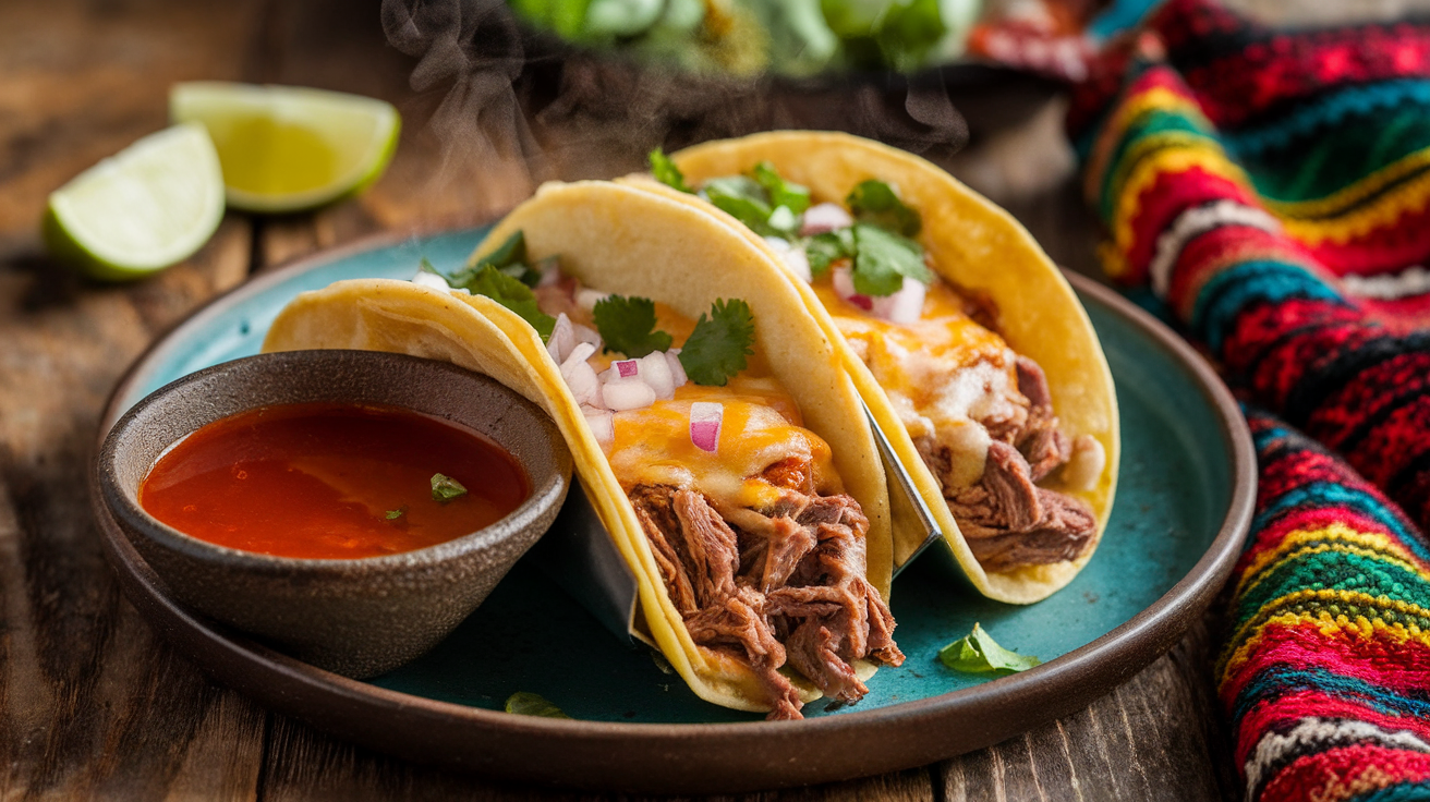 Close-up of three beef birria tacos with crispy corn tortillas, topped with fresh cilantro and diced onions, served with a bowl of consommé for dipping.