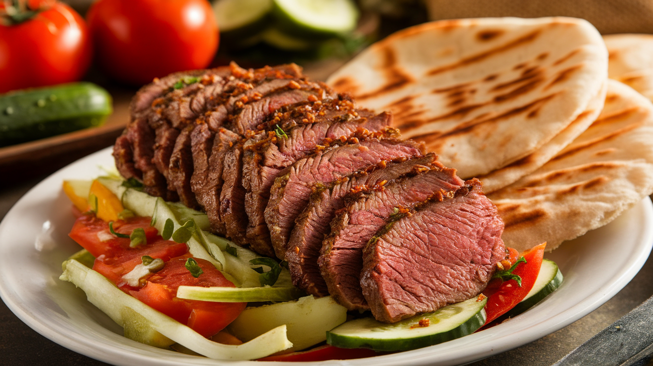 Juicy, spiced beef shawarma slices wrapped in flatbread with fresh vegetables and sauce