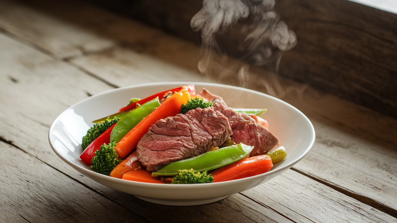 A colorful beef stir-fry with bell peppers, broccoli, and carrots served in a white bowl.