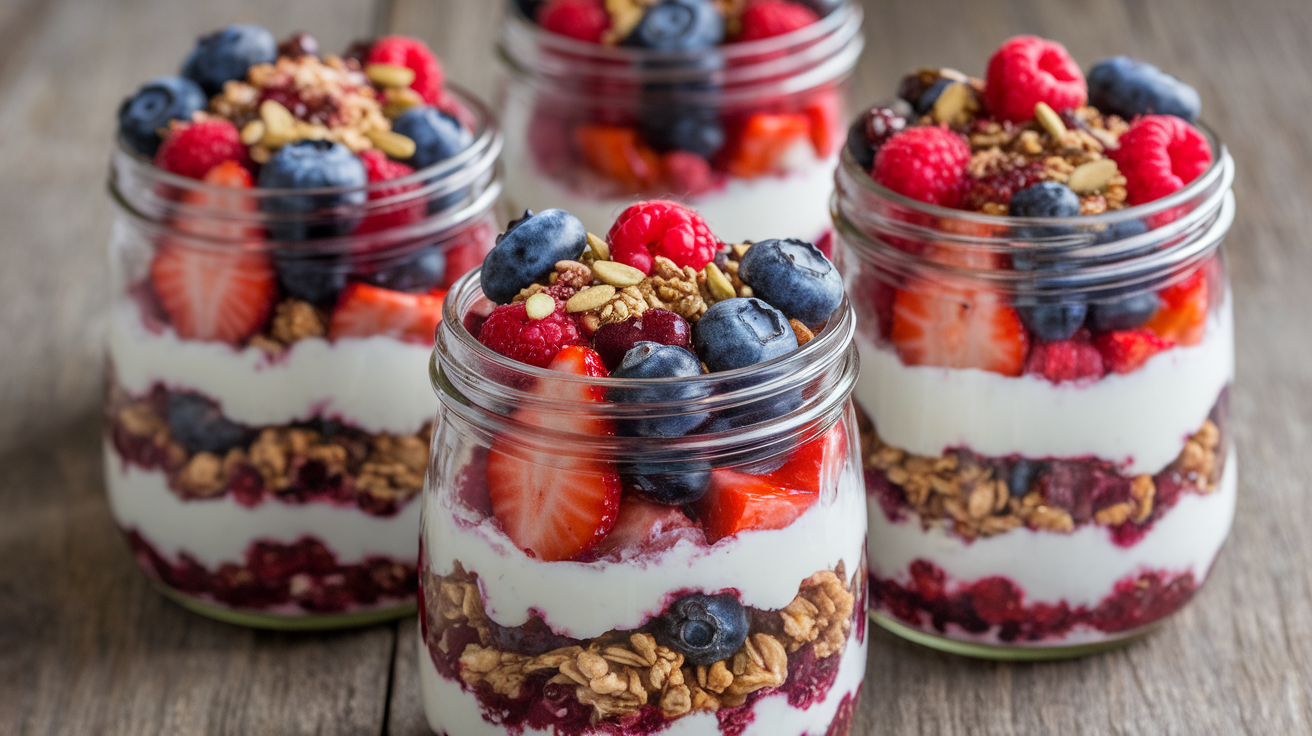 Glass jars filled with layers of granola, fresh berries, and yogurt on a rustic wooden table.