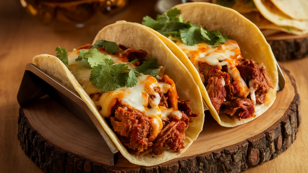 Close-up of a plate of birria tacos filled with tender, juicy shredded beef, topped with fresh cilantro and onions, served with a side of rich consommé.
