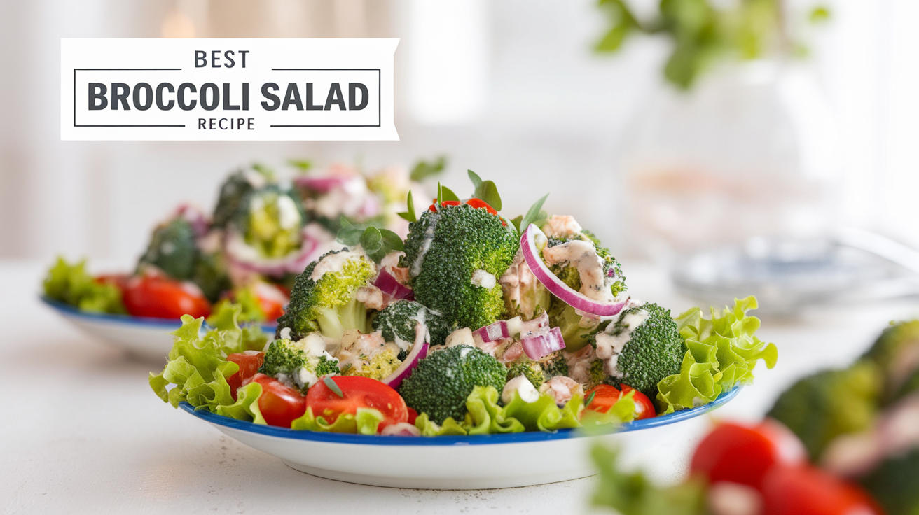 Fresh broccoli salad with colorful vegetables, creamy dressing, and topped with nuts and seeds.