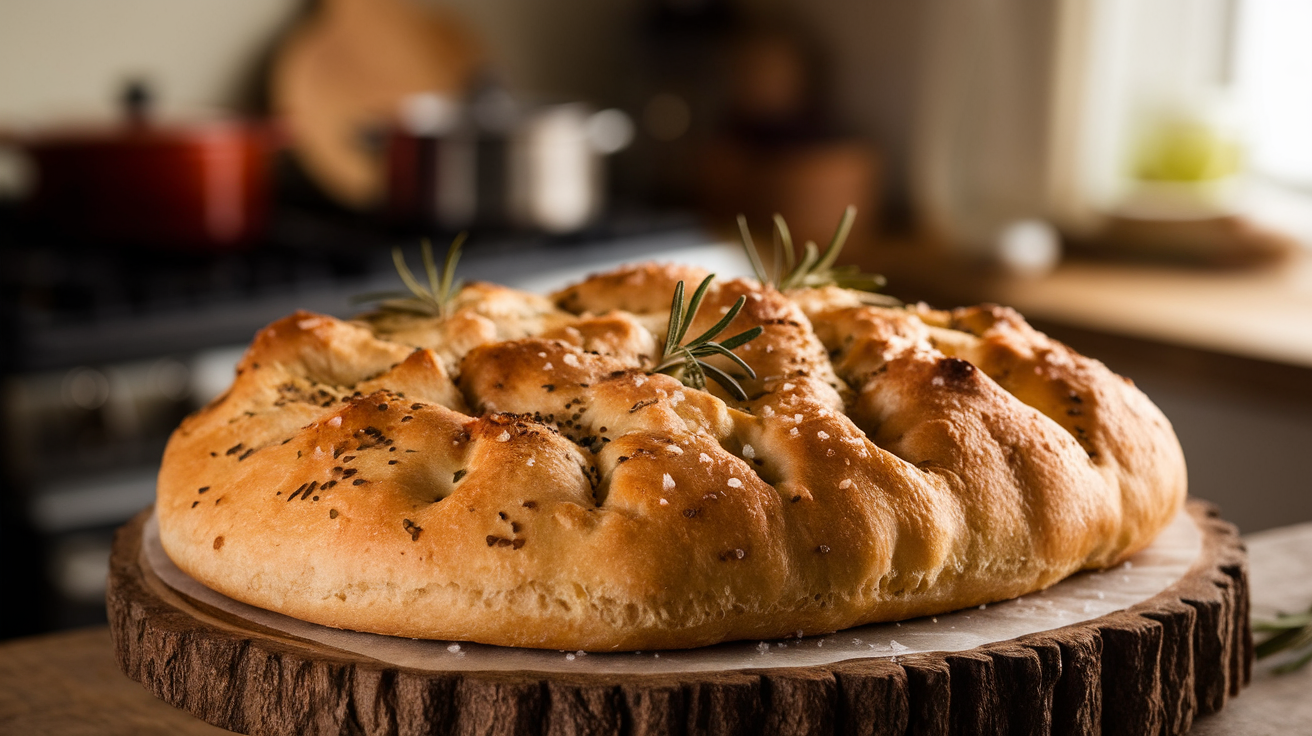 Golden-brown homemade focaccia bread topped with rosemary and sea salt on a wooden cutting board