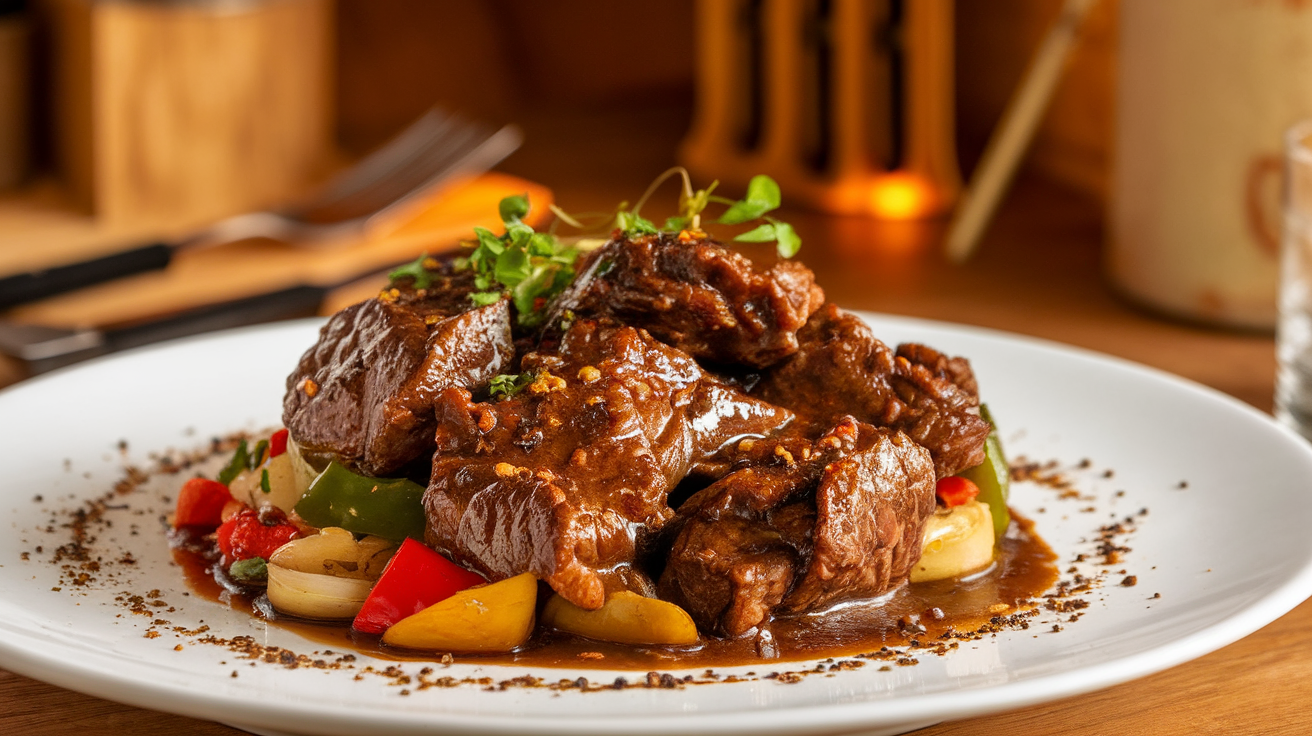 Close-up of tender slices of beef stir-fried with black pepper, onions, and bell peppers, garnished with fresh herbs.