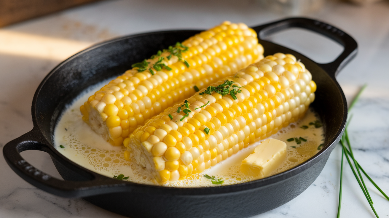 Boiled corn on the cob served on a plate with butter and seasoning.