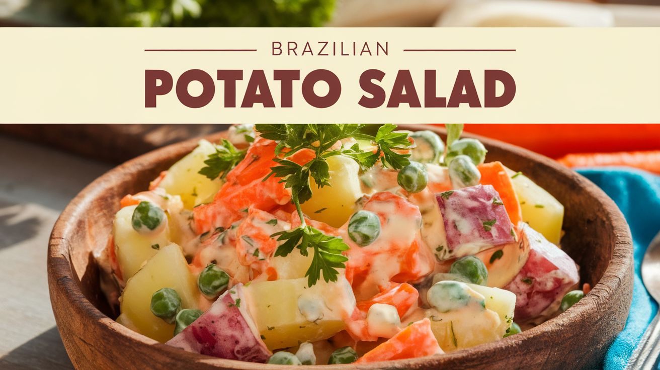 A colorful bowl of Brazilian potato salad made with diced potatoes, carrots, peas, and mayonnaise, garnished with fresh parsley.