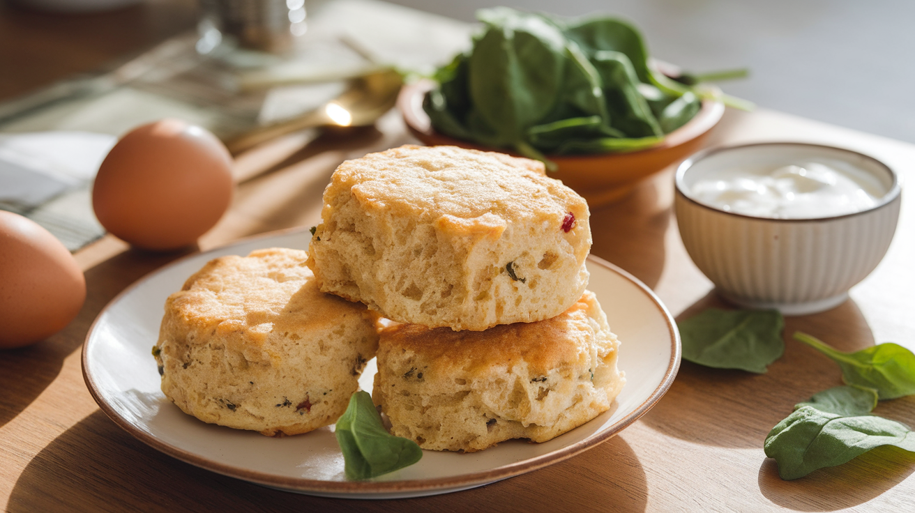 A stack of golden-brown breakfast protein biscuits on a white plate, with a pat of melting butter on top.