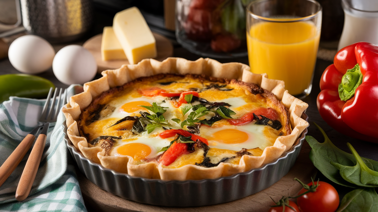 Golden-brown breakfast tortilla quiche bake in a baking dish, topped with melted cheese and herbs.