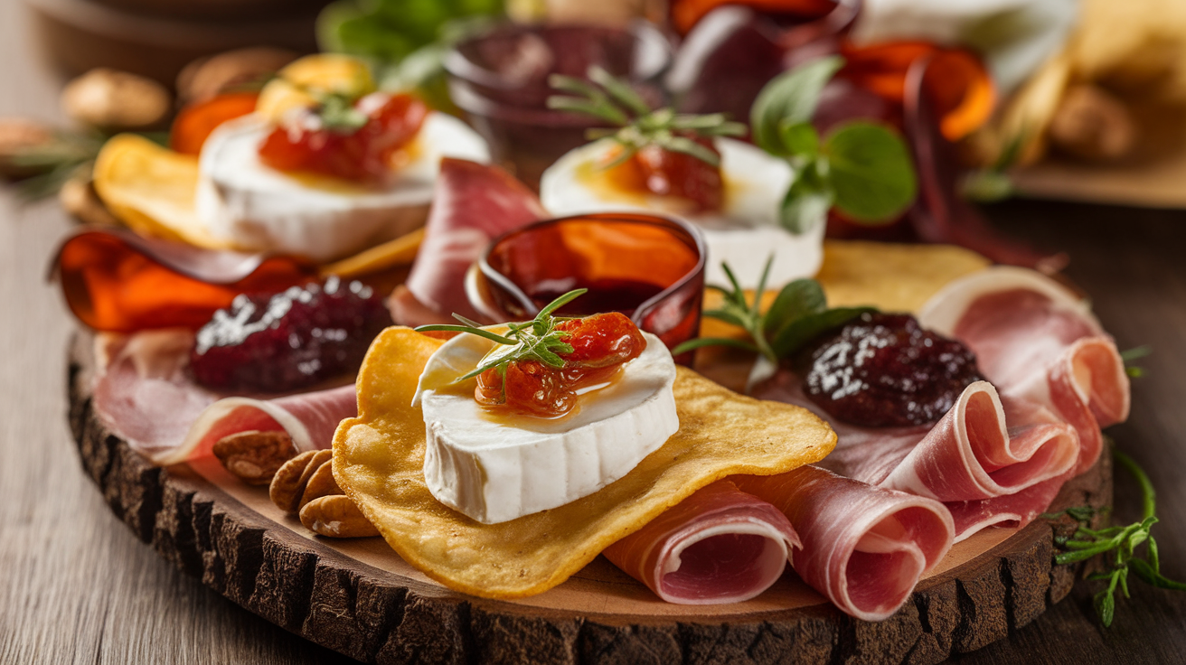 A close-up of Brie cheese charcuterie chips topped with herbs and paired with fresh fruit and cured meats on a wooden board.