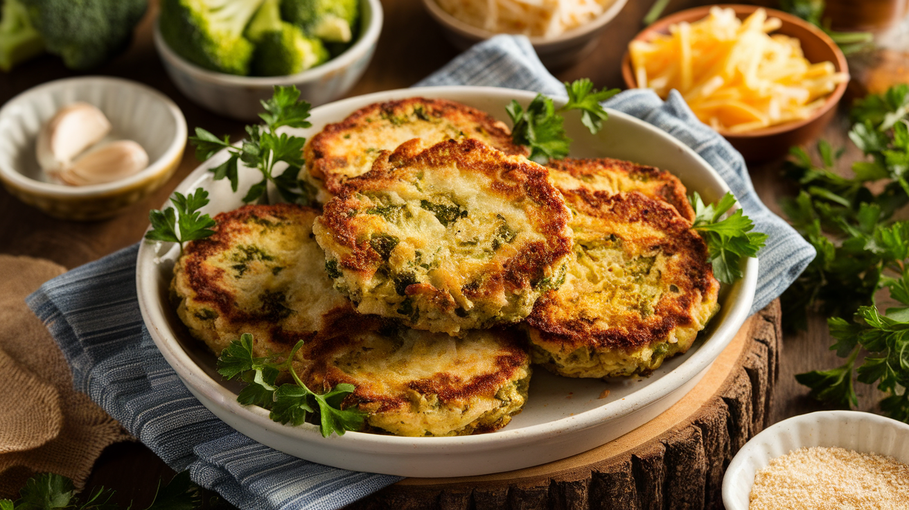 Golden-brown broccoli cheese patties stacked on a white plate, garnished with fresh parsley.