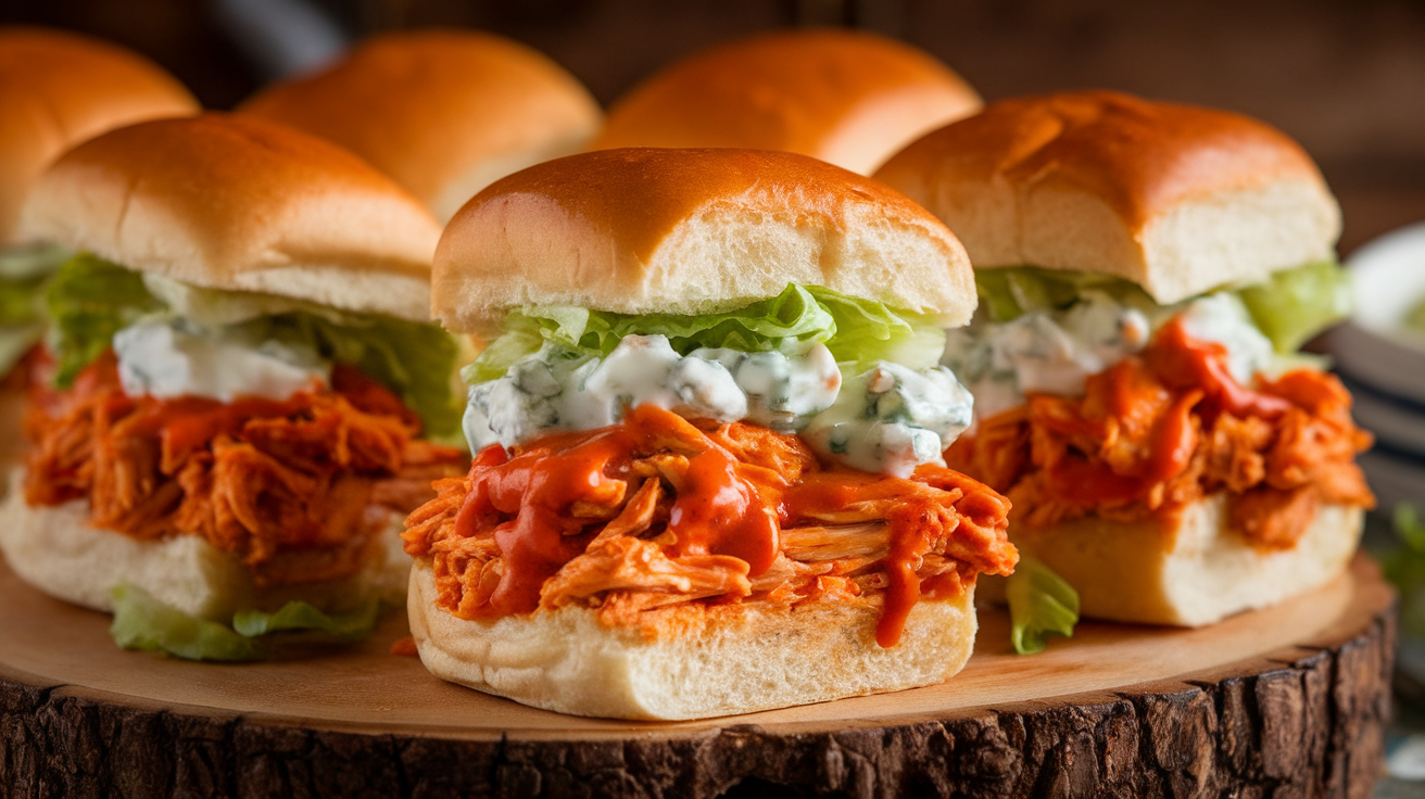 Close-up of spicy Buffalo chicken sliders with melted cheese and fresh lettuce on mini buns.