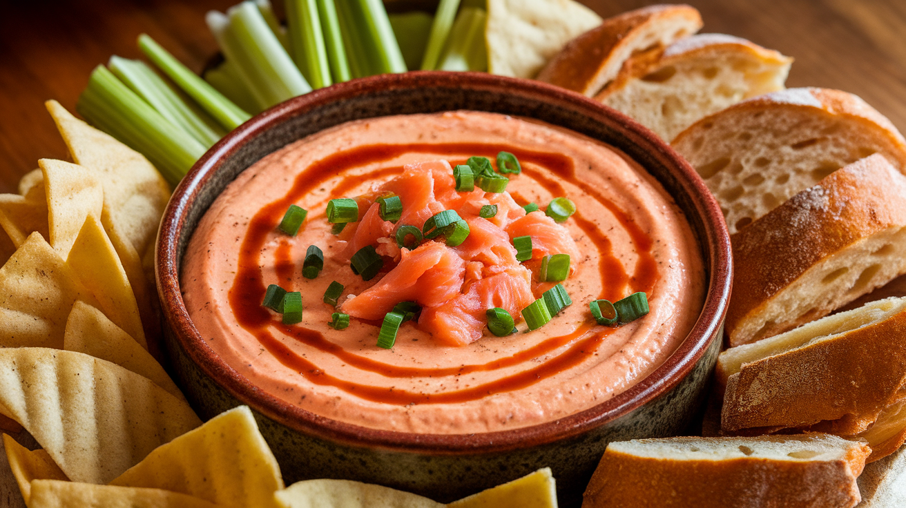 A creamy buffalo salmon dip topped with chopped green onions, served in a white ceramic bowl with tortilla chips on the side.