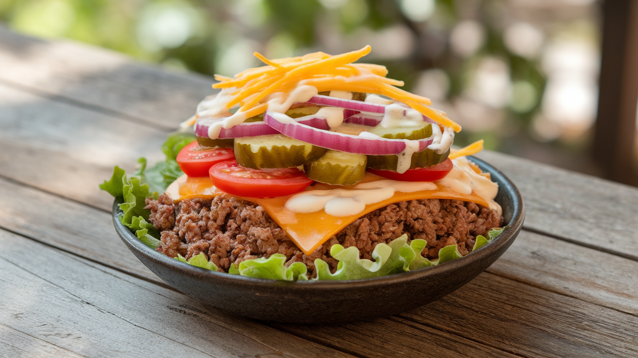 A deconstructed burger bowl featuring ground beef, lettuce, cherry tomatoes, red onions, pickles, and a drizzle of creamy sauce, served in a rustic ceramic bowl.