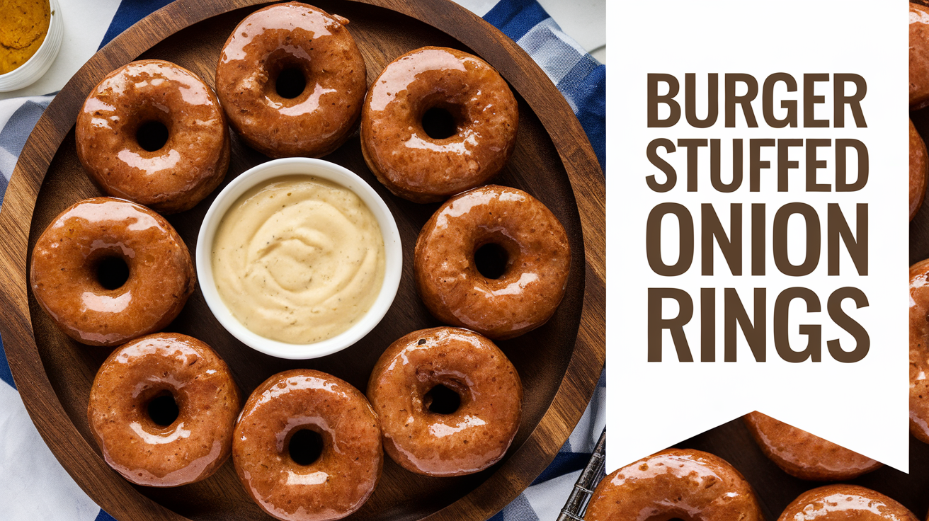 Golden, crispy onion rings stuffed with juicy burger filling served on a plate.