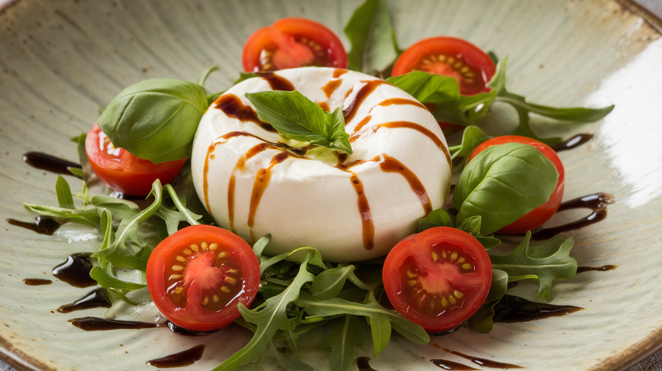Fresh burrata cheese on a bed of mixed greens with cherry tomatoes, basil, and a drizzle of olive oil