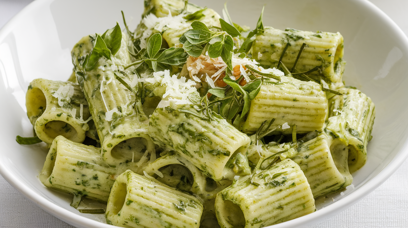 A bowl of creamy green rigatoni pasta garnished with fresh herbs.