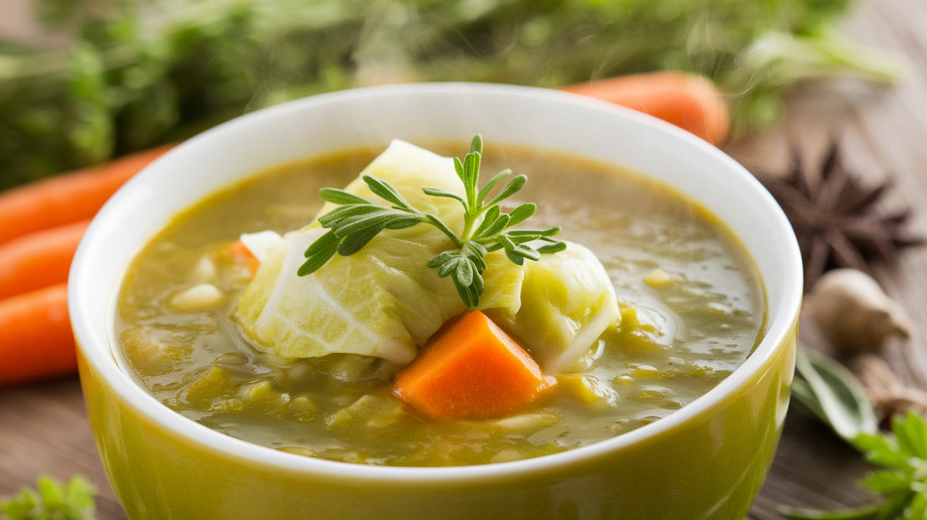 A bowl of vibrant cabbage fat-burning soup with fresh vegetables and herbs.