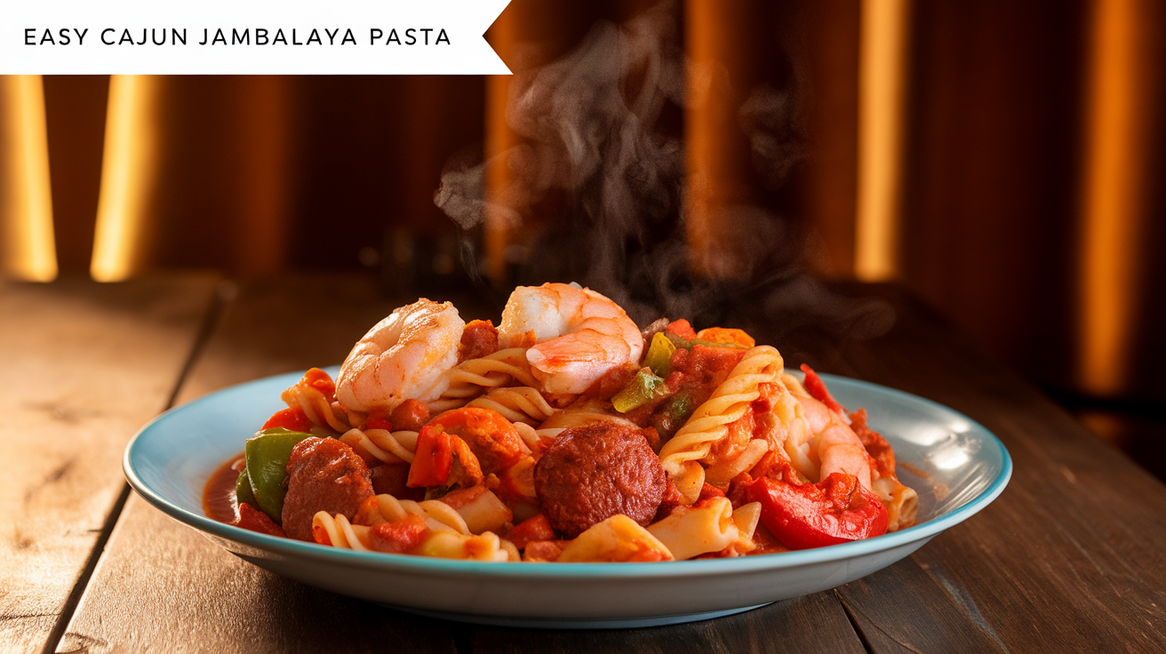 A plate of creamy Cajun jambalaya pasta with sausage, shrimp, and bell peppers, garnished with fresh parsley.