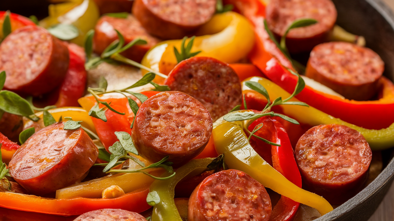 Grilled Cajun sausage sliced alongside colorful roasted vegetables on a rustic wooden board.