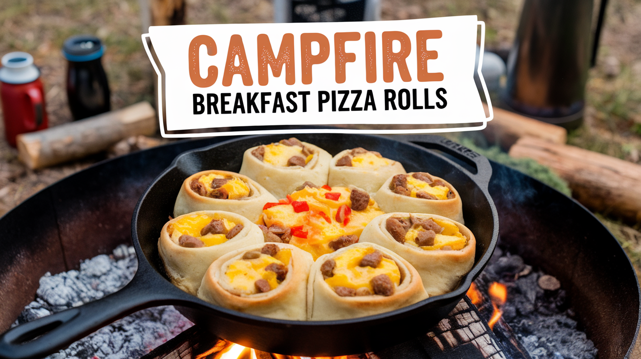 Golden-brown breakfast pizza rolls filled with eggs, cheese, and sausage, sizzling in a cast iron skillet over a campfire.