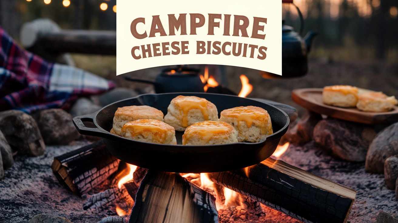 Golden, flaky cheese biscuits cooking on a cast iron skillet over an open campfire.