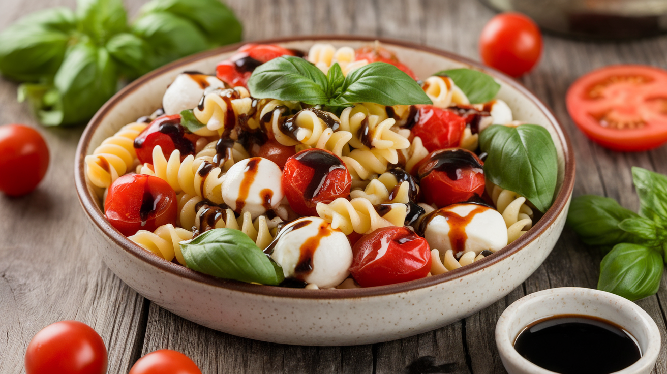 Caprese pasta salad with cherry tomatoes, mozzarella balls, and fresh basil, drizzled with balsamic glaze and served in a white bowl.