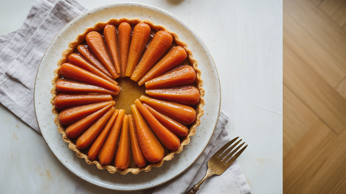 Overhead view of a caramelized carrot tarte Tatin, featuring golden roasted carrots arranged in a circular pattern on a flaky, golden-brown puff pastry base.