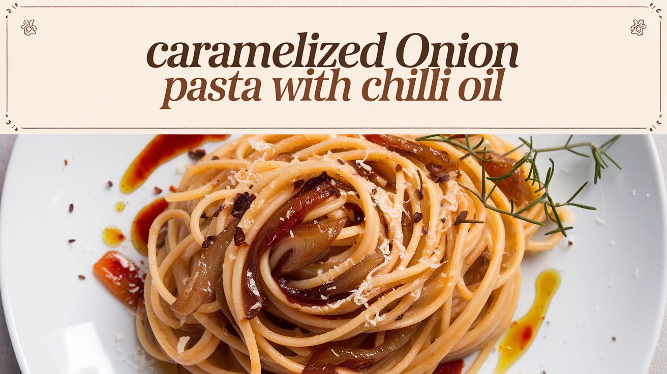 A close-up shot of a plate of caramelized onion pasta, garnished with fresh herbs and drizzled with chilli oil for an extra kick.