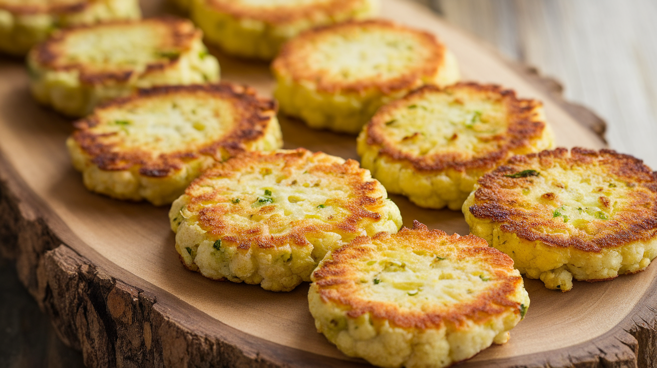Golden-brown cauliflower patties served on a white plate garnished with fresh herbs.