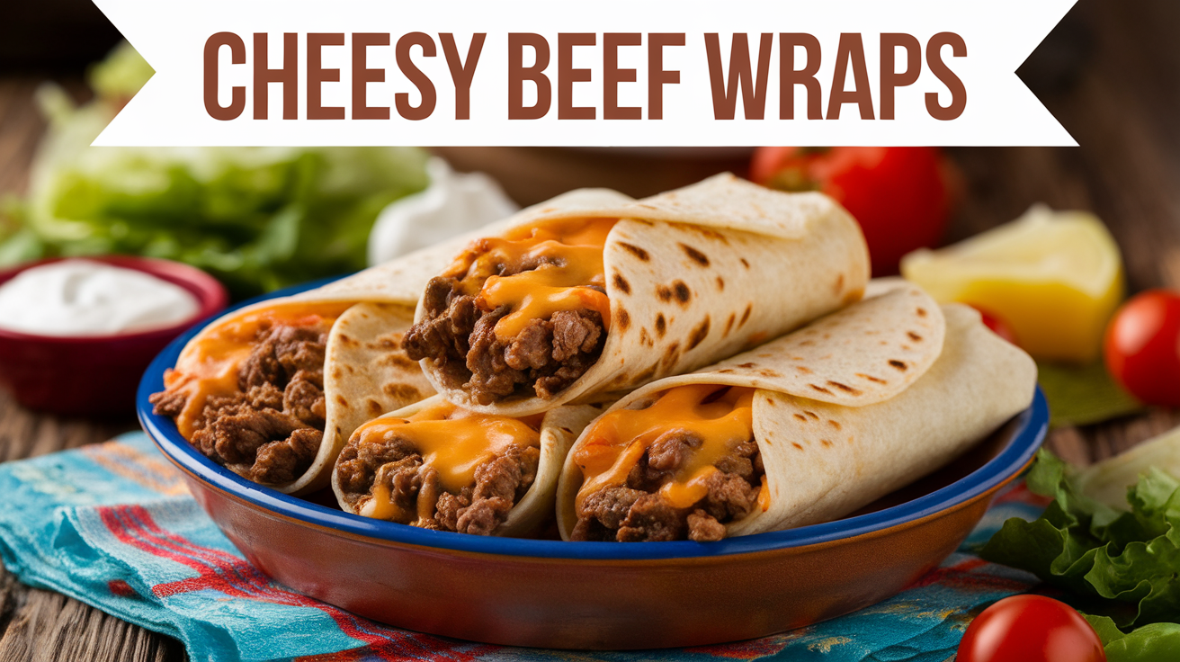Cheesy Beef Wraps with melted cheese, tender beef, and fresh vegetables wrapped in soft tortillas.