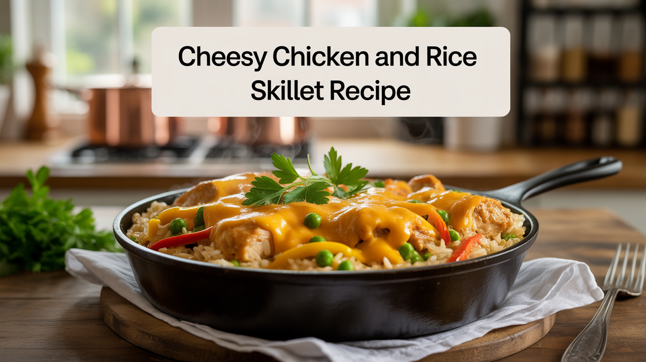 A one-pan cheesy chicken and rice skillet topped with melted cheddar, garnished with fresh parsley, served hot in a cast-iron skillet.