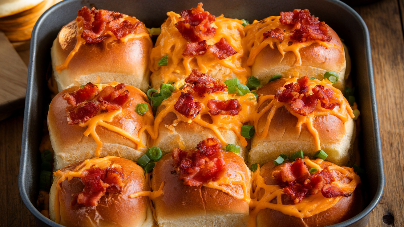 Golden brown cheesy crack chicken sliders baked in a casserole dish, topped with melted cheese and crispy bacon.