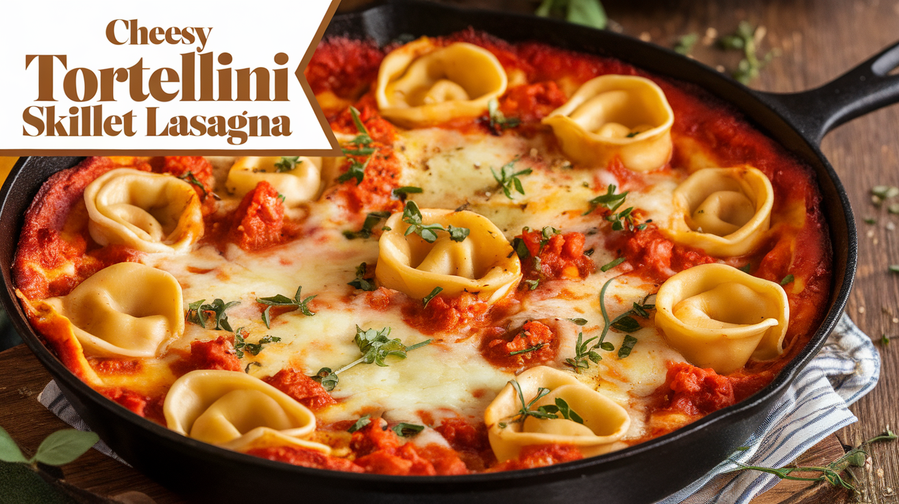 A hearty and delicious dish of Cheesy Tortellini Skillet Lasagna, featuring layers of tender tortellini, marinara sauce, melted mozzarella, and a sprinkle of Parmesan.