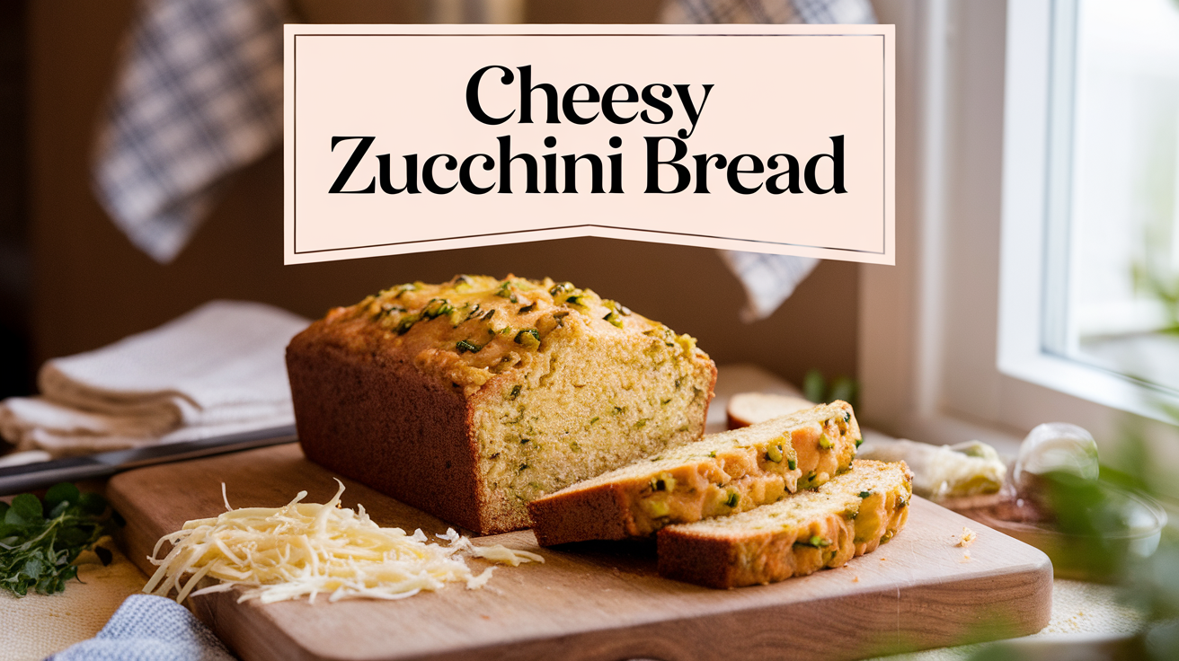 A golden-brown loaf of cheesy zucchini bread, sliced to reveal a moist, tender interior with visible shreds of zucchini and melted cheese.
