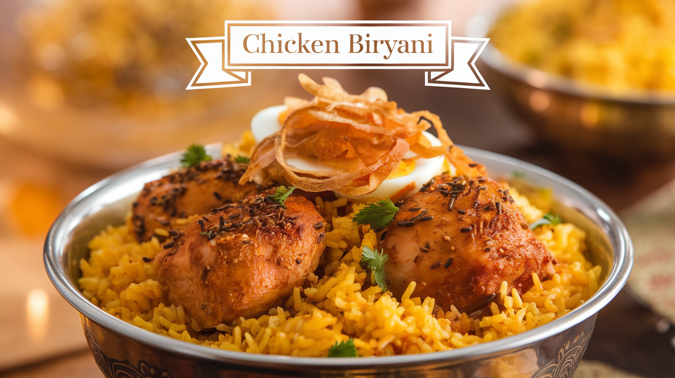Delicious Chicken Biryani served in a bowl with aromatic spices and garnished with fresh cilantro.