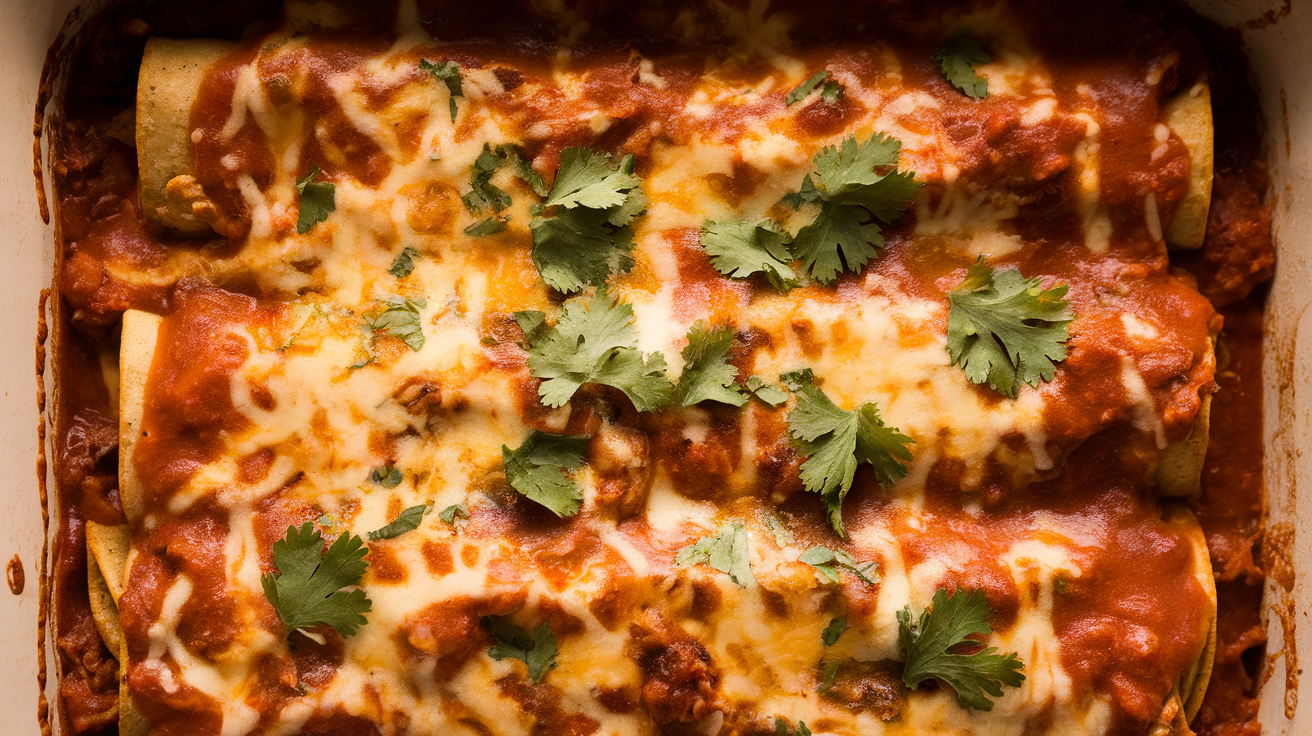 Baked chicken enchiladas topped with melted cheese and drizzled with rich red enchilada sauce, served in a white ceramic dish.