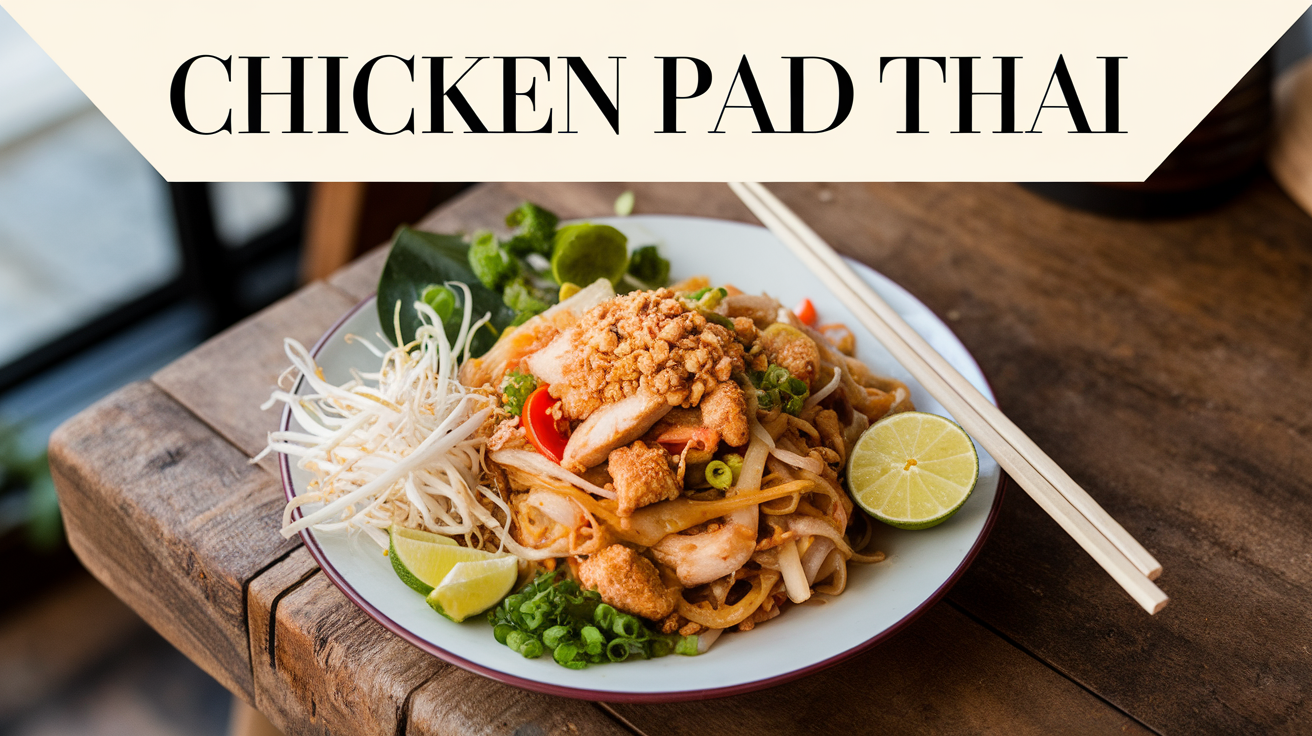 Plate of Chicken Pad Thai garnished with crushed peanuts, lime wedges, and fresh cilantro.
