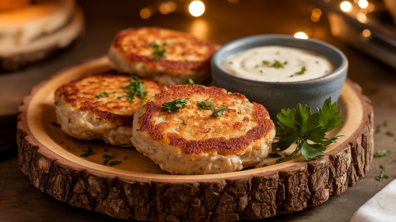 Golden-brown chicken patties stacked on a plate, garnished with fresh parsley and served with a side of dipping sauce.
