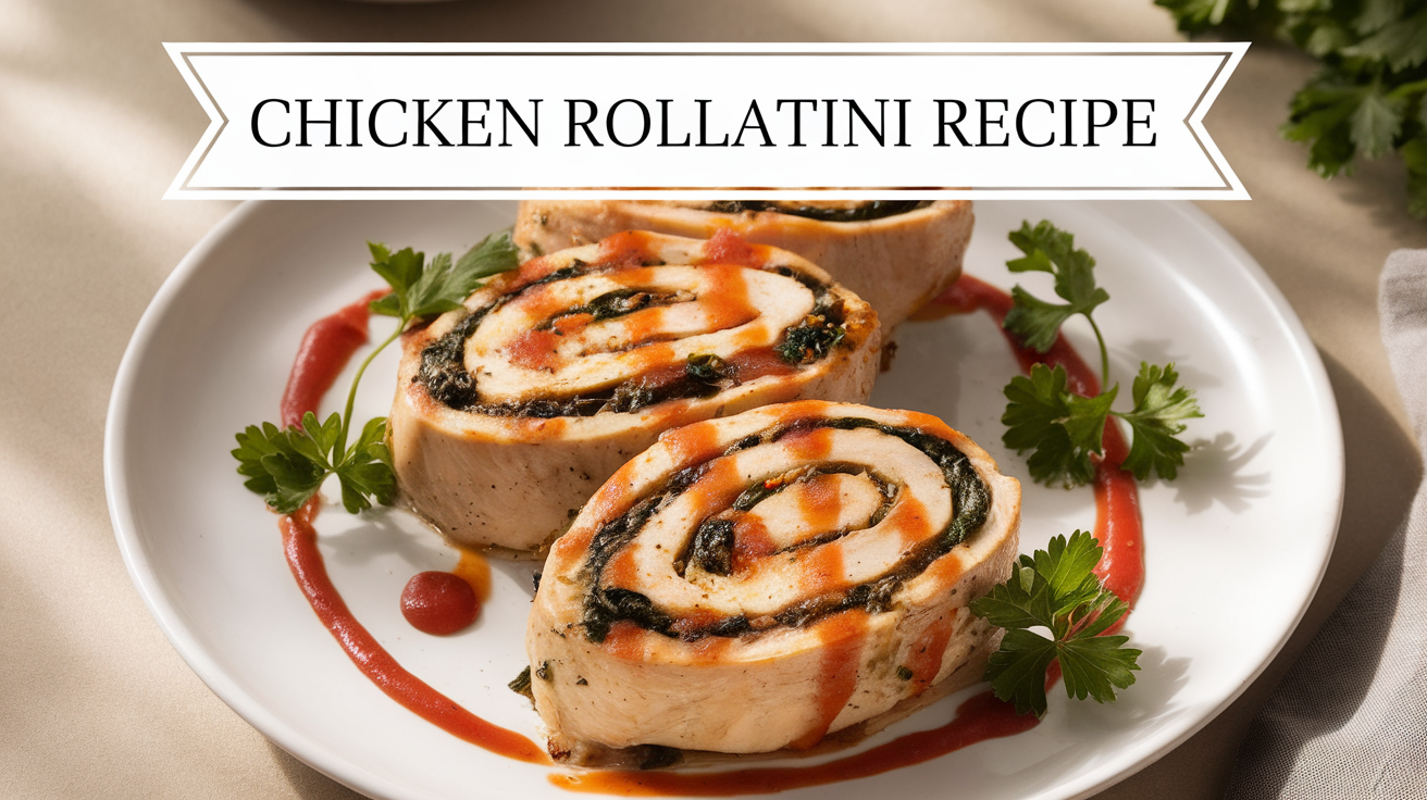 Chicken Rollatini stuffed with spinach and cheese, served on a plate with a side of marinara sauce.