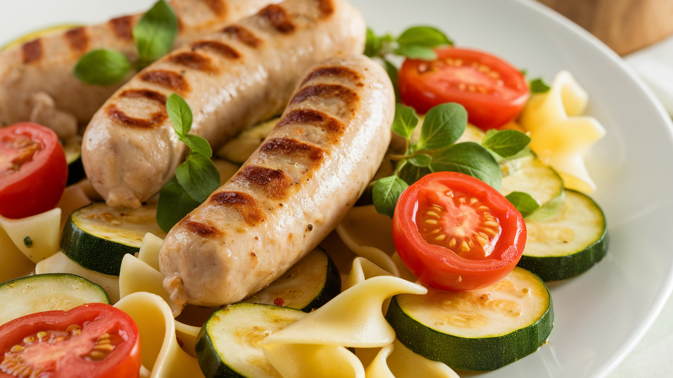 Chicken sausages sliced and cooked with zucchini, cherry tomatoes, and penne pasta in a light sauce, served on a white plate.