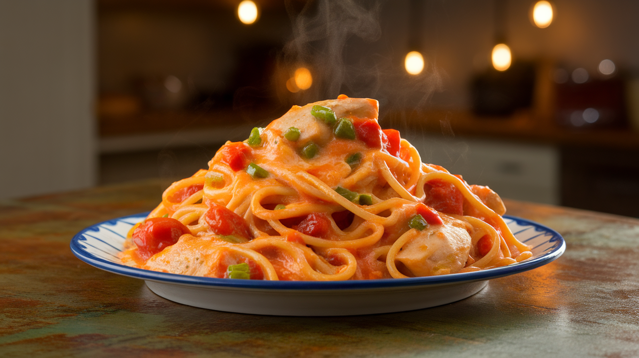 Creamy chicken spaghetti pasta dish with diced tomatoes and green chilies (Rotel) served in a white bowl.