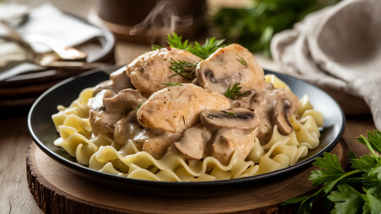 Creamy Chicken Stroganoff served over egg noodles, garnished with fresh parsley in a white bowl.