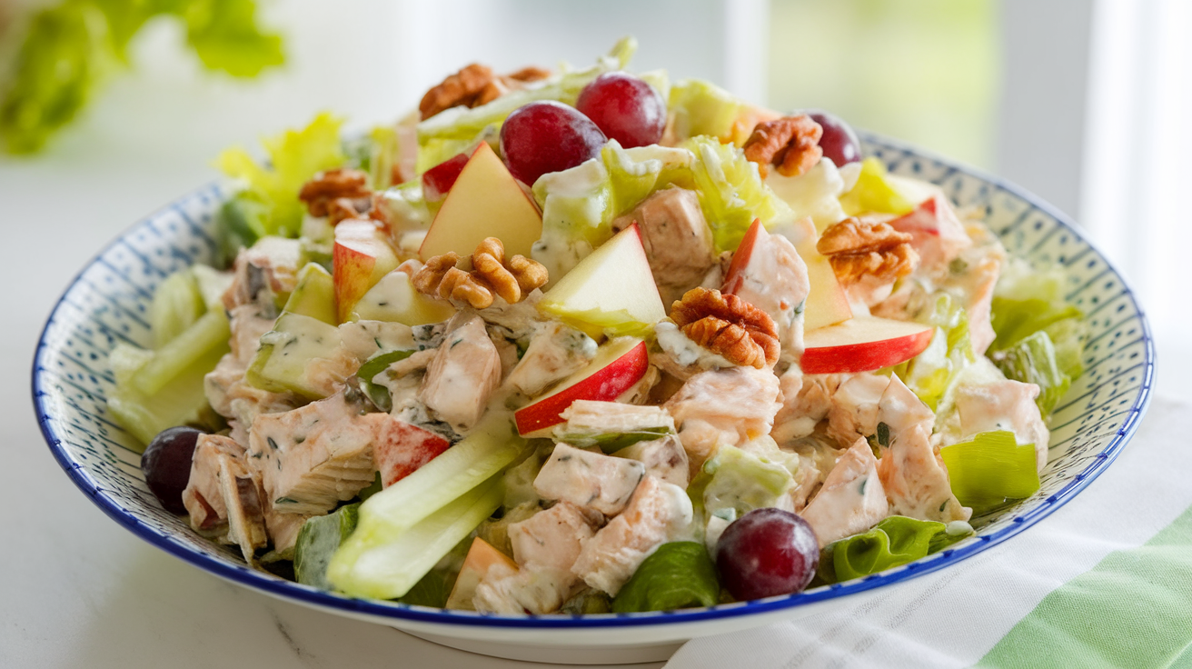Fresh Chicken Waldorf Salad with diced chicken, crisp apples, celery, walnuts, and creamy dressing on a white plate.