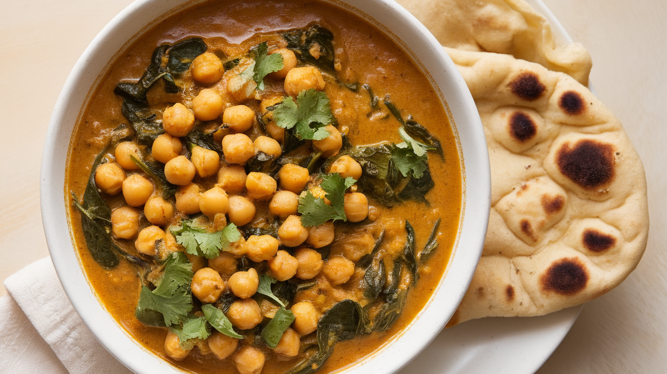 A hearty bowl of Chickpea Spinach Curry served with a side of rice, garnished with fresh herbs and a touch of chili.